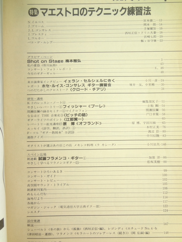 現代ギター #221 1984年7月号:マエストロのテクニック練習法目次