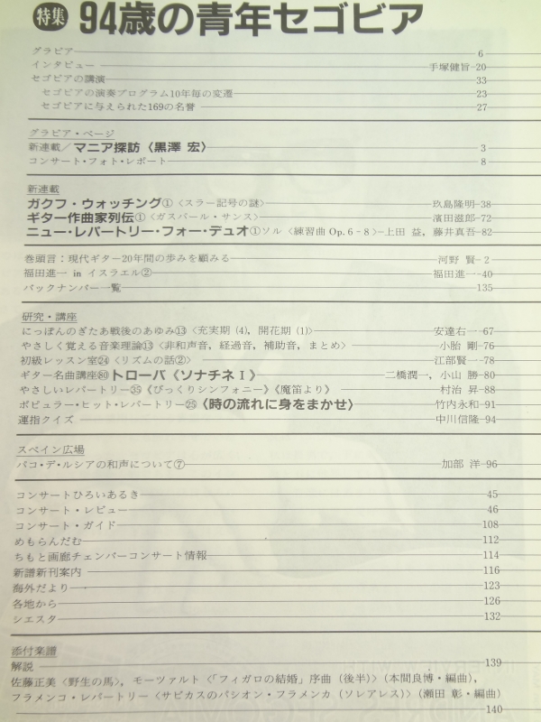 現代ギター #256 1987年4月号:94歳の青年、アンドレス・セゴビア目次